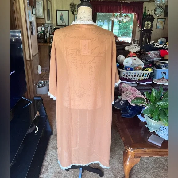 NWT LuLaRoe Womens Chloe Kimono Sz S Brown w White Lace Trim Short Sleeve NWT - Picture 6 of 16